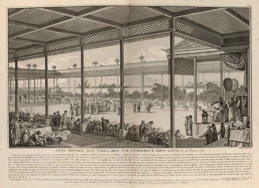 Illustration of The Feast of the Thousand Old Men, or Qiansouyan 千叟宴, held by the Qianlong Emperor in Beijing, 1795. Abrégé historique des principaux traits de la vie de Confucius ... / gravées par Helman, d'après des desseins originaux de la envoyés à Paris par M. Amiot, missionnaire à Pekin . . . . The Huntington Library, Art Museum, and Botanical Gardens.