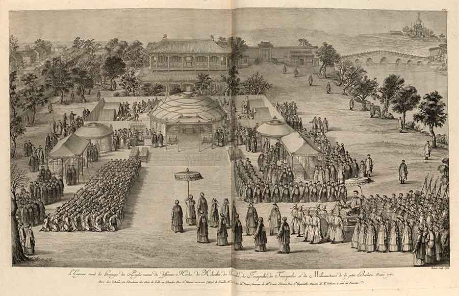 Illustration of the Qianlong Court. Abrégé historique des principaux traits de la vie de Confucius ... / gravées par Helman, d'après des desseins originaux de la envoyés à Paris par M. Amiot, missionnaire à Pekin . . . . The Huntington Library, Art Museum, and Botanical Gardens.