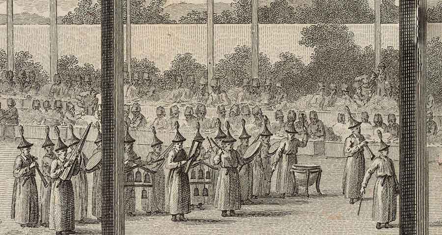 Detail showing musicians at The Feast of the Thousand Old Men, or Qiansouyan 千叟宴, held by the Qianlong Emperor in Beijing, 1795. Abrégé historique des principaux traits de la vie de Confucius ... / gravées par Helman, d'après des desseins originaux de la envoyés à Paris par M. Amiot, missionnaire à Pekin . . . . The Huntington Library, Art Museum, and Botanical Gardens.