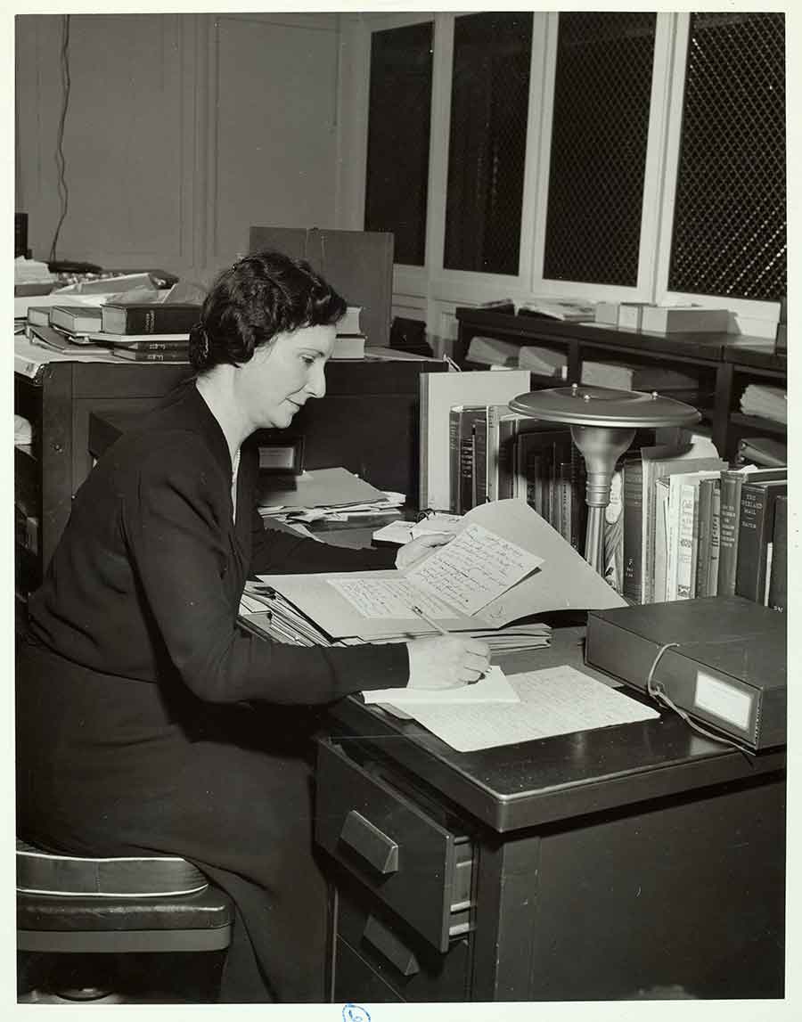 Haydée Noya examines the original manuscript of Joaquin Miller’s “Good-by, Bret Harte,” a poem written on the death of Bret Harte, one the manuscripts selected by her from the Library’s extensive collection of Joaquin Miller manuscripts and letters for the “Century of California Literature” exhibition in 1950. Unknown photographer. The Huntington Library, Art Museum, and Botanical Gardens.