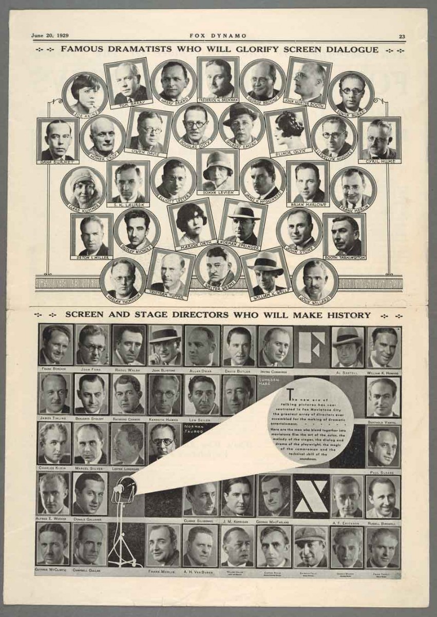 Promotional advertisement in the trade magazine 20th Century-Fox Dynamo, 1929. Located at the very center of a dazzling array of writers from Booth Tarkington (multi-Pulitzer Prize winning author of The Magnificent Ambersons) to Zoe Akins (Pulitzer Prize winning dramatist of The Old Maid), Sonya Levien is one of five women among 28 men. Hired by Fox in 1929, Levien would work for the studio for 10 years, and become one of their top, and best-paid, screenwriters. (The Huntington also holds the papers of Zoe Akins.) The Huntington Library, Art Museum, and Botanical Gardens.