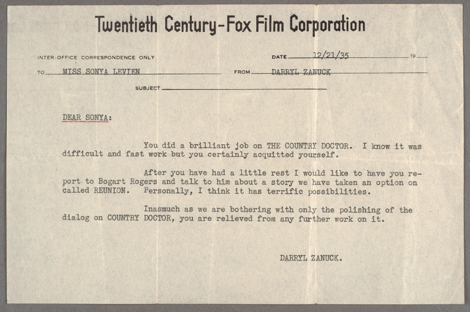 Telegram from producer Darryl Zanuck of Twentieth Century-Fox, congratulating Sonya Levien on the script for The Country Doctor, Dec. 21, 1935. Released in 1936, The Country Doctor starred Jean Hersholt, June Lang, and the Dionne Quintuplets in a story loosely based on the birth of the world’s first known surviving quintuplets. A New York Times reviewer called it “An irresistibly appealing blend of sentiment and comedy.” The Huntington Library, Art Museum, and Botanical Gardens.