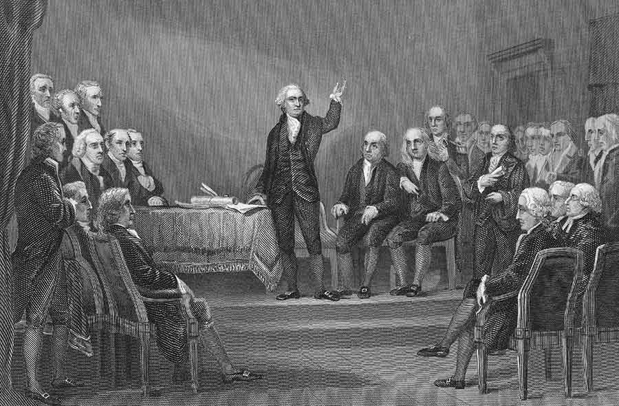 George Washington (1731–1799) presiding over the Constitutional Convention of 1787 in Philadelphia, from Washington Irving’s Life of George Washington, 1857. The Huntington Library, Art Museum, and Botanical Gardens.
