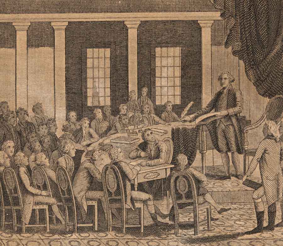 George Washington (1731–1799) presiding over the Constitutional Convention of 1787 in Philadelphia, from Charles A. Goodrich’s History of the United States, 1824. The Huntington Library, Art Museum, and Botanical Gardens.