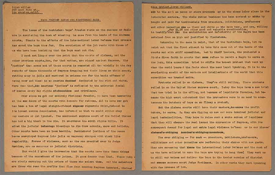 Loren Miller, “Mass Protest Saves the Scottsboro Boys,” March 16, 1933. First two pages of a three-page draft article written by Miller for the Daily Worker in response to William Patterson’s letter of February 14, 1933. The Huntington Library, Art Museum, and Botanical Gardens.