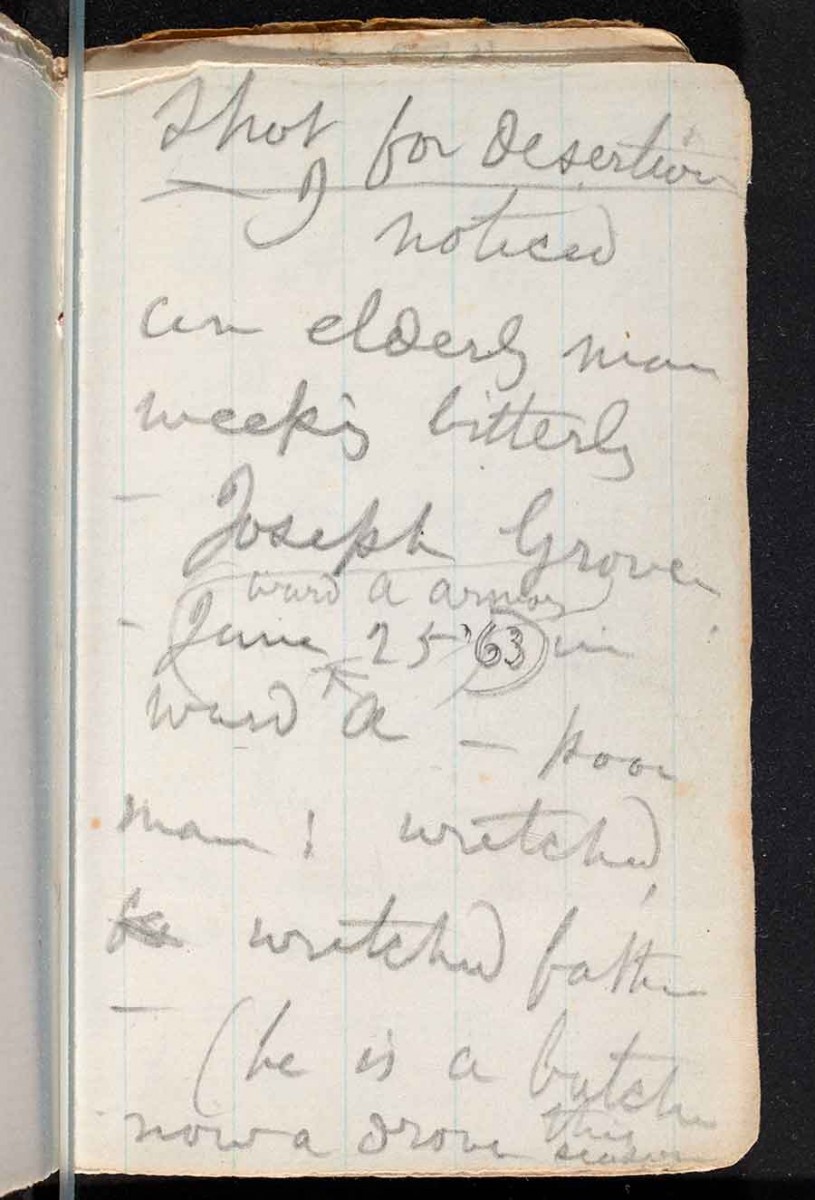 On page 27 of his hospital notebook, Whitman wrote of Joseph Grover, whose teenage son, William Grover, a Union soldier, had been executed for desertion: “I noticed / an elderly man / weeping bitterly / Joseph Grover / . . . June 25, ’63 / . . . – poor / man! wretched / wretched father.” The Huntington Library, Art Museum, and Botanical Gardens.