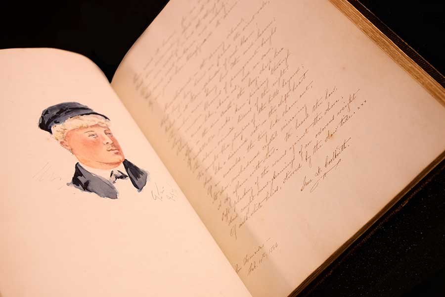 An original illustration by an unknown artist alongside a handwritten poem by California’s first poet laureate, Ina D. Coolbrith, found within the pages of Stoddard’s autograph album. Photo by Deborah Miller.