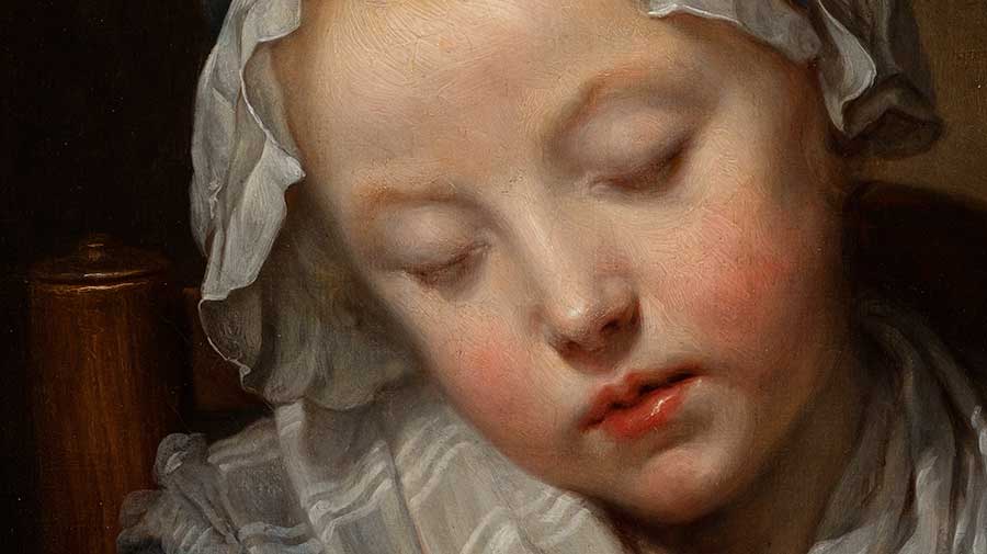 Greuze depicts his sitter in all her youthful beauty with rosebud lips and delicate, porcelain-like skin. Jean-Baptiste Greuze, detail of Young Knitter Asleep, ca. 1759, oil on canvas, 27 x 22 in. Adele S. Browning Memorial Collection, gift of Mildred Browning Green and Honorable Lucius Peyton Green. The Huntington Library, Art Museum, and Botanical Gardens.